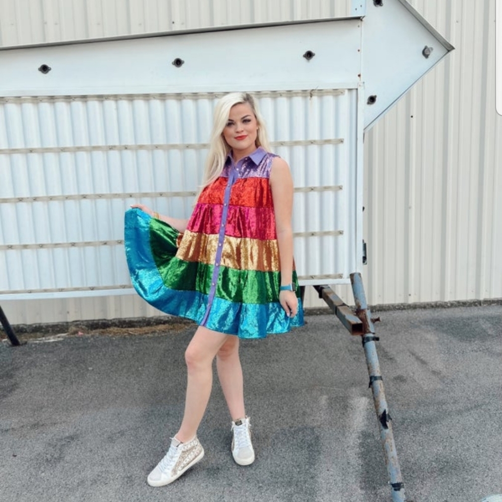 QUEEN OF SPARKLE Rainbow sequin tiered dress (small)